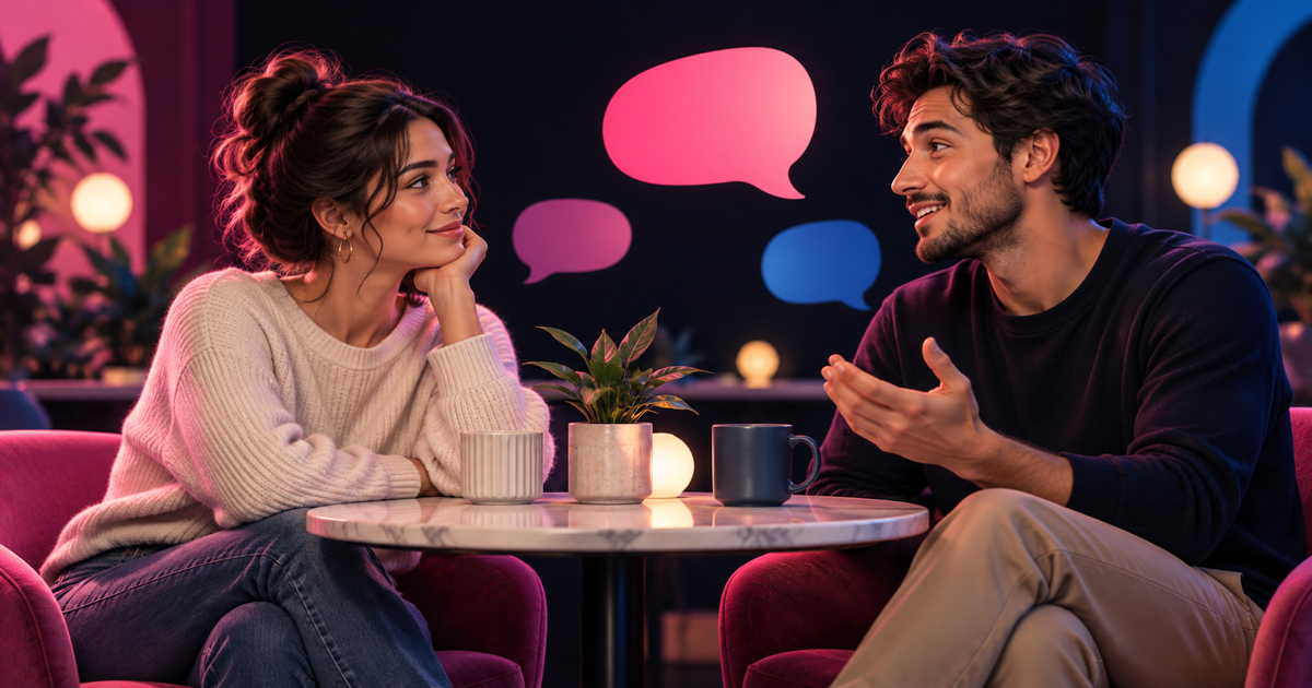 Two adults having a relaxed conversation at a café
